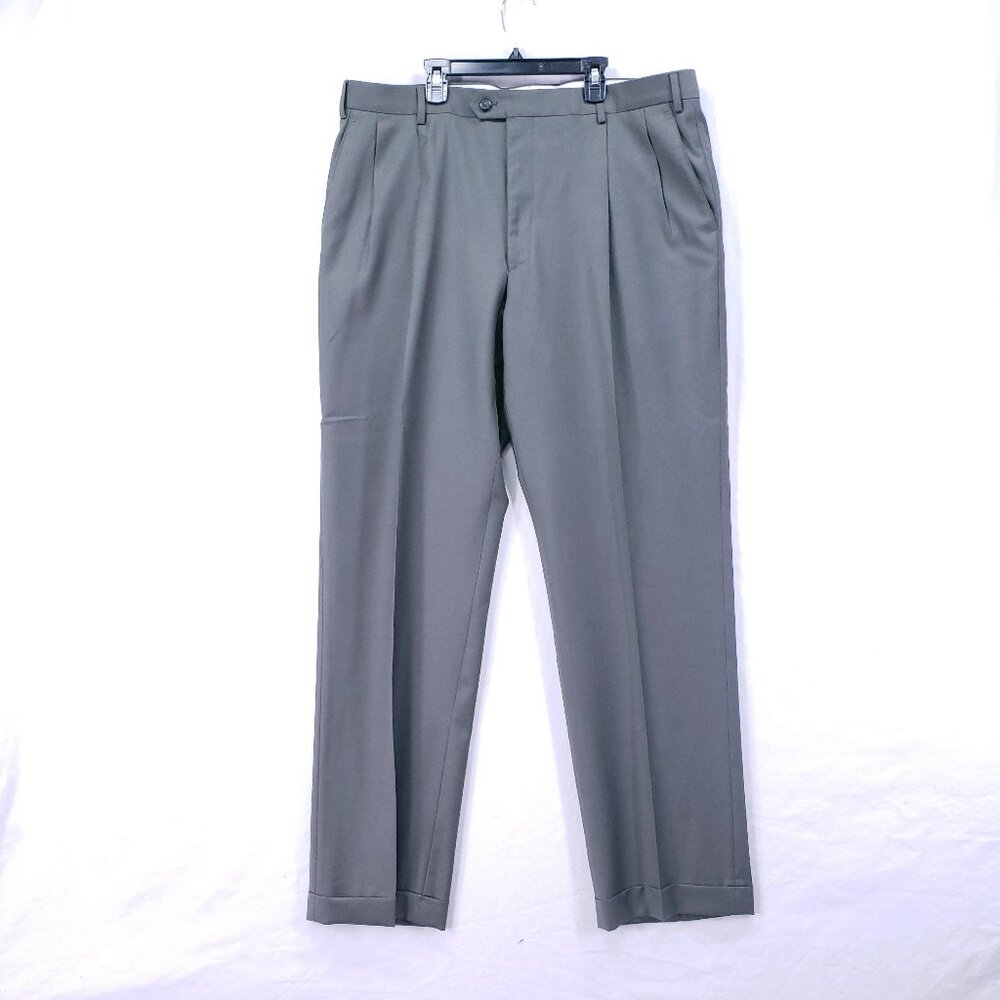 Paul Fredrick 100% Wool Italy Dark Sage Green Pleated Dress Pants Trousers 40R